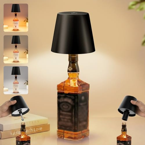 UPXNBOR Rechargeable Bottle Lamp, Wireless Bottle Lights for Indoor & Outdoor - 3 Color Stepless Touch Dimmable, IP54 Waterproof, Full Metal Housing, 5300mAh Large Battery Power Table Lamp, Black