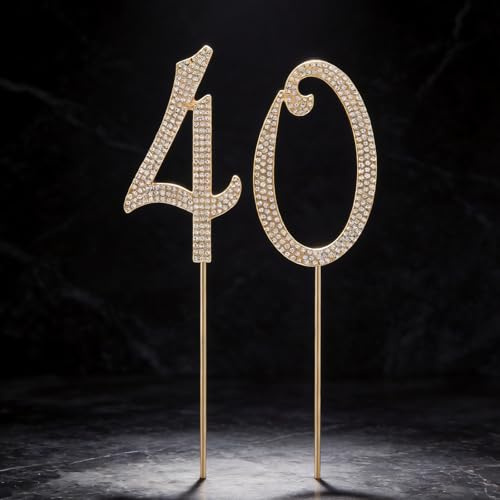 Gold Metal with Rhinestones 40th Birthday Cake Topper | set of 2 pieces, ideal for 40th birthday or wedding anniversary, ready to use, reusable design