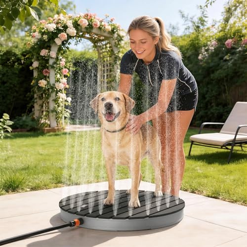 YRHome Gartendusche,Bis 4 m Fontänenhöhe Bodendusche,Aluminium/WPC Campingdusche Mit rutschfeste Standfläche&Fußrad Holzoptik für Garten Pool Dusche(Rund-Anthrazit)