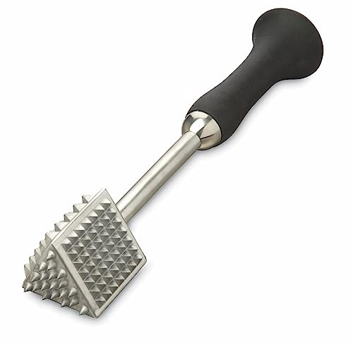 AMCO KitchenCraft Houseworks Fleischklopfer mit 4 Seiten, Fleischhammer Schnitzelklopfer mit Griff aus Kunststoff, BBQ Zubehör, Plattiereisen Mallet, Fleischzartmacher, Metall, Silber, 23 cm