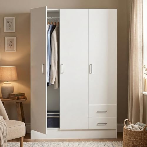 Dmora Kleiderschrank mit drei Türen und zwei Schubladen mit Einlegeböden und Kleiderstange, Farbe weiß, Maße 120 x 170 x 50 cm