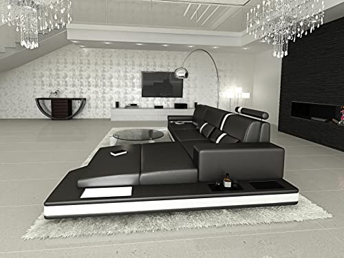 Ledersofa Messana L Form Sofa - mit LED Beleuchtung, verstellbare Kopfstützen, Recamiere/Lederfarben wählbar/Ausrichtung Ottomane wählbar (Ottomane rechts, Schwarz-Weiß)