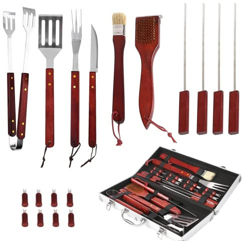 18Pcs Kit di Accessori per Barbecue Set, Pratico Utensili per Barbecue in Acciaio Inox, Con griglia portatile in alluminio, Adatto per picnic all'aperto in campeggio nel cortile degli uomini, Regalo