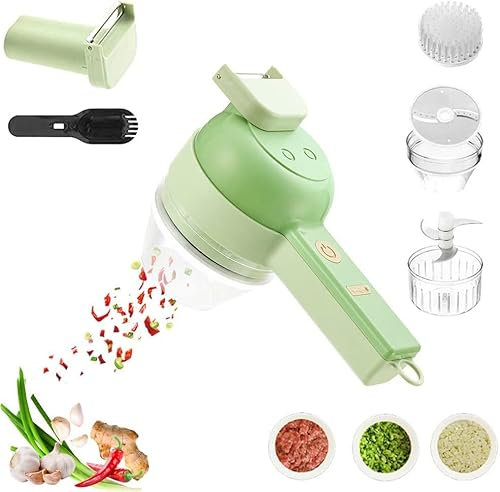 4 in 1 Handheld Electric Vegetable Cutter Set Portable Wireless Garlic Mud Masher Garlic Press and Slicer Set Multifunctional Electric Mini Food Processor with Brush for Ginger Peppers