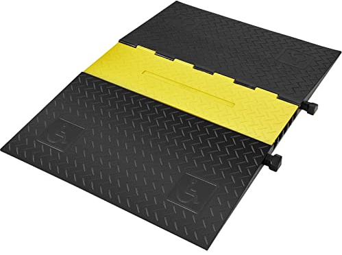VEVOR Rampa de Protección de Cable 5 Canales Pasacables de Suelo de Goma 114,5x80x5cm Retardador de Velocidad Carga 10000kg con Tapa Superior Abatible para Carreteras, Estacionamientos, Negro/Amarillo