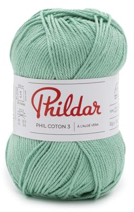 Phildar - Pelote de Laine Phil Coton 3 - Laine à Crocheter et à Tricoter - 100% COTON - Aiguille n°3 - Couleur VERT