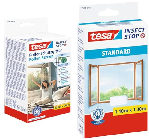 tesa Pollenschutzgitter - Anthrazit - 130 cmx150 cm & Insect Stop STANDARD Fliegengitter für Fenster - Insektenschutz zuschneidbar - Mückenschutz ohne Bohren - 1 x Fliegen Netz weiß - 110 cm x 130 cm