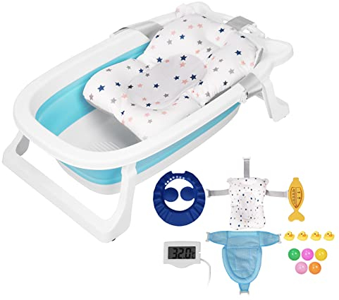Sinbide Faltbare Babywanne mit Stütze, Baby Badewanne, Neugeborene Baby-Plastikbadewanne mit Faltbaren Anti-Rutsch-Beinen, Temperatursensor Badewanne für das Baden von Kleinkindern (blau)