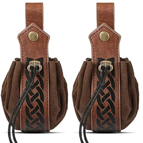 LEIFIDE 2 Pcs Medieval Faux Leather Pouch Drawstring Purse Brown Classic