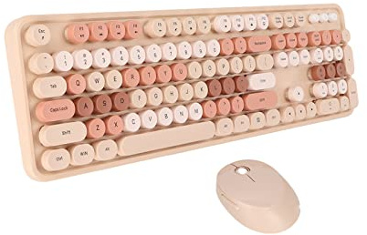 Wireless Keyboard Mouse Combo, Retro Typewriter Keyboard with 104 Round Keycaps, 2.4GHz Stable Connection, Cute Keyboard Mouse Kit for Girls for Home Office Work Gaming (Milk Tea Color)