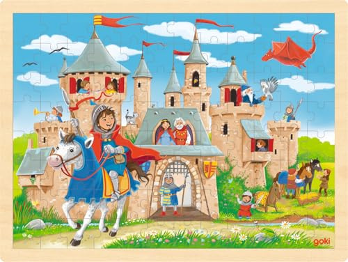 goki 57335 - Einlegepuzzle Ritterburg - 96 robuste Teile aus Holz - buntes Farbdesign mit detailreichem Ritteburg- Motiv