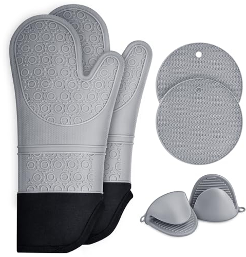 Oven Gloves, Sopito Set of 6 Silicone Oven Mitts 446°F Heat Resistant with Pot Holders for Kitchen Baking Grilling Microwave, Grey
