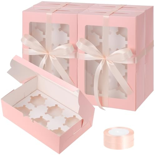 Fippy 20 cajas para cupcakes de 6 agujeros con ventana, cajas de pasteles rosadas, pequeñas cajas de panadería para cupcakes, pasteles, galletas, postres