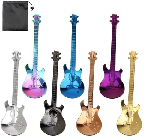 MUNSKT 7 Stück Bunte Edelstahl Dessertlöffel Set,Kaffeelöffel Gitarren Löffel Set,Teelöffel Joghurtlöffel Kleine Zuhause Löffel für Tee Milch Kaffee,Edelstahl Geschenk