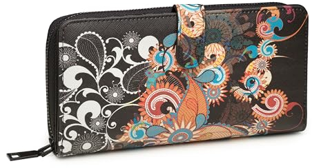 KARMA.DIEM Damen XL Geldbörse | Ethno-Boho-Stil mit farbenfrohem Mandala- und Blumenmuster, 19 Kartenfächer, Reißverschluss und Druckknopfverschluss, Münz- und Handyfach (Schwarz)