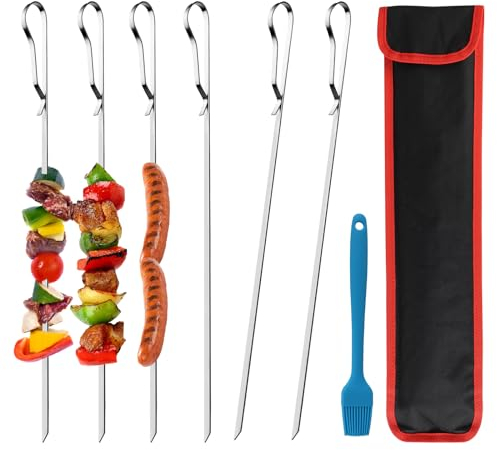 6 brochetas de acero inoxidable, 43 cm, resistentes brochetas para barbacoa con bolsa de transporte, pinchos planos para carne, brochetas de kebab, cepillo de aceite de silicona incluido, accesorios