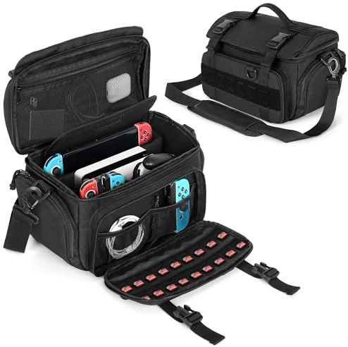 PGmoon Sling Carrying Case Compatible with Nintendo Switch/Switch 2/ASUS ROG Ally/ROG Ally X, Protective Tactical Travel Bag with Game Card Slots & Multi-Pockets for Dock, AC Adapter, Controllers