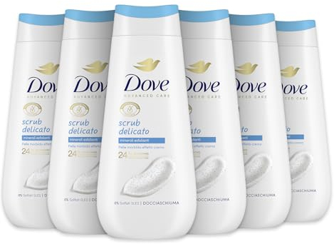Dove Sanftes Peeling, feuchtigkeitsspendendes Duschgel, milde Formel auf dem Hautmikrobiom, mit pflanzlichen feuchtigkeitsspendenden Wirkstoffen, ohne SLES, Duschbad für Damen und Herren, 6 Stück à