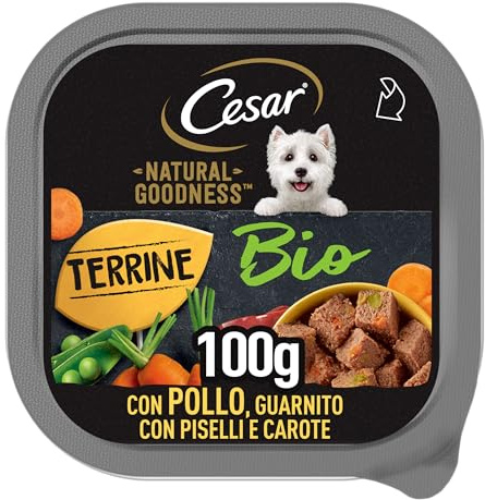 Cesar Natural Goodness Bio, al Gusto di Pollo e Verdure, Cibo Umido Biologico Completo per Cani, 16 Vaschette da 100g
