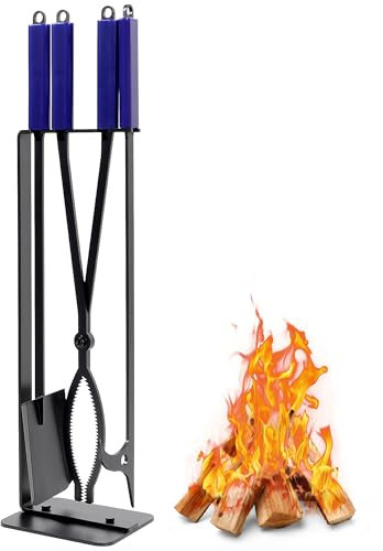 CKLT Juego de herramientas para chimenea para interiores, pinzas y pala de fuego de 28 pulgadas, pinzas de hierro forjado para leña con soporte de metal y mango de goma, para hoguera, pala de cenizas