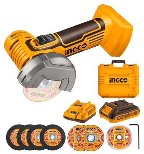 INGCO 20V Cordless Mini Angle Grinder 19500RPM, 76mm Disc Diameter, Mini Cutter Cut-Off Tool M6 with 1Pcs 2.0Ah Battery and Charger for Cutting Polishing and Sharpening CAGLI76012