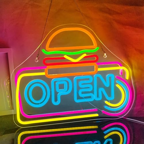 Looklight Hamburger Open Neonschild Burger Neonlichtschild für Burgerladen, Open Signs Hamburger Neonlichter Geschäftsschilder für Restaurant, Küche, Geschäft, Burgerladen, Fast-Food-Ladenparty