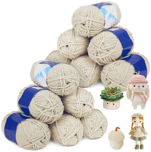 Wolle zum Häkeln, 12 x 50g Häkelgarn, Beige Wolle zum Stricken, Häkelwolle, Garn zum Häkeln, Crochet Yarn, 5 Stränge Handstrickgarn für Anfänger und Kinder Häkeln Stricken und Handwerk