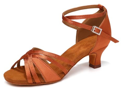 YCALCP Latindansskor för kvinnor Öppen tå Satin Salsa Bachata Tango Öva dansskor,811-Brun-5cm,EU 40