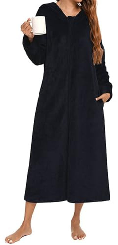 Robe de chambre pour femme avec fermeture éclair - En polaire douce - Peignoir à capuche - vêtement d'intérieur en tissu éponge 100 % coton - Vêtement de nuit en flanelle