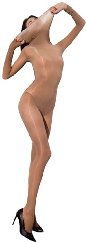 LESOYA Women's Nylon Sheer 8D Oil Shiny Bodystocking High Collar Long Sleeve Bodysuit Glossy Seamless Catsuit