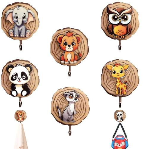 SoeUyd 6 Stück Kindergarderobe, Kleiderhaken für Kinder in Tierform, Selbstklebender Haken, Wandhaken Holz Ohne Bohren, Garderoben Kinderzimmer Deco Geschenk