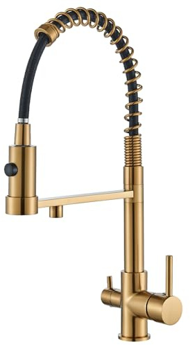 Hevenaov Grifo de cocina de 3 vías, oro cepillado, agua pura, acero inoxidable, 3 vías, giratorio 360°, grifo de cocina de alta presión con doble ducha, grifo mezclador de cocina para filtro de agua