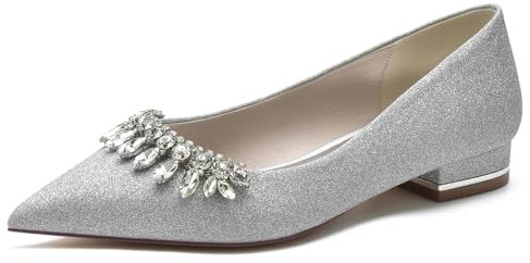 Zapatos De Novia Sin Cordones con Purpurina para Mujer Bailarinas De Tacón Bajo con Diamantes De Imitación Puntera Puntiaguda Zapatos De Fiesta De Graduación De Bodas,Plata,42 EU