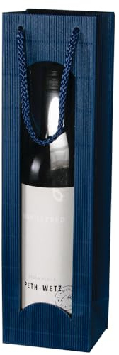 10x Wein Geschenktüten Dunkelblau - für 1 Flasche - Wellkarton, Weinverpackung mit Fenster, stabile Tragekordel (blau)