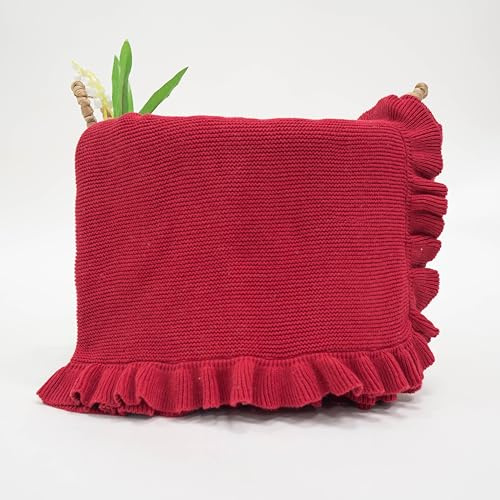 SWaddle AN Ruffle Knit Blanket for Baby - 100% Luxury Soft Cotton Knit Warm Cozy Cuddle Stroller Crib Blanket for Newborns, Infants, & Toddlers (Red X-mas)