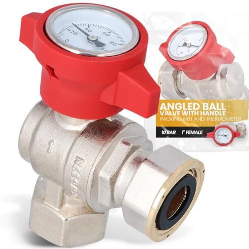 Instalguru Vanne À Sphére Boule 1 Femelle Rouge D'angle Robinet avec Thermomètre Soupape Laiton Étanchéité Renforcée 10 bar Chauffage EAu Sanitaire L'eau Potable