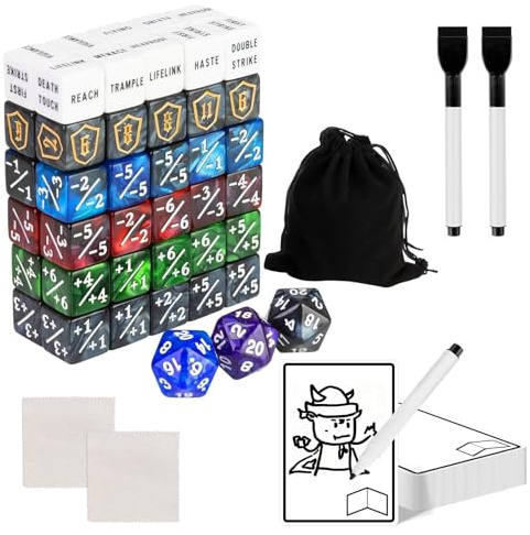 115-Piece MTG Dice Set with Dry Erase Tokens Kit Includes 63 Counters and 50 Tokens for MTG, TCG Cards Game Accessories with 2 Markers 2 Cloths