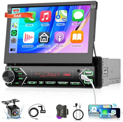 Hodozzy DAB 1 Din Autoradio Schermo Retrattile con Wireless Carplay Android Auto, 7 Pollici Motorizzato Touch Screen Stereo 1Din con Mirror Link, Bluetooth, USB, EQ, Type-C, FM Radio, SWC, Telecamera