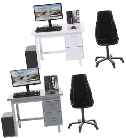 CIYODO 2 Sets Miniature Dollhouse Office Furniture Realistic Tiny Computer Desk with Mouse Keyboard Portable Mini Furniture Model for Roleplay and Creative Play
