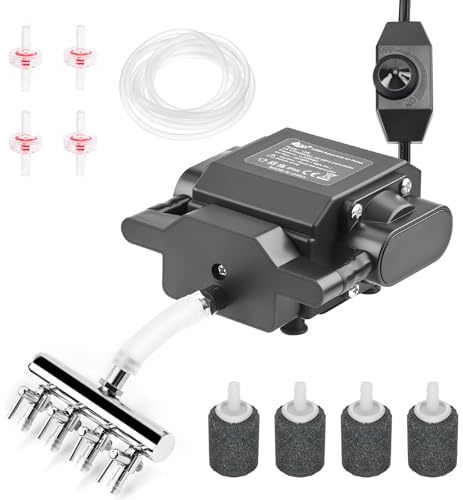 AQQA Aquarium Air Pump Silent,4 Outlets Powerful Fish Tank Oxygen Pump,Adjustable Air Pond Aerator,12W Air Bubbler Pump with Completely Accessories,for Hydroponic/Pond Oxygenation,Up to 2200L