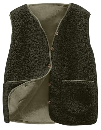Teddy Fleece Gilet for Women Fur Vest Sleeveless V-neck Button Down Vest Sherpa Fluffy Waistcoat Lightweight Cozy Gilets Ladies Winter Soft Jacket with Pockets Fuzzy Coat Outwear