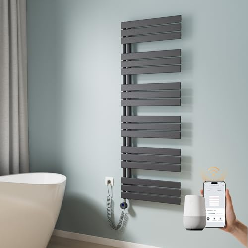 EMKE WLAN Handtuchheizkörper Elektrisch 1599x600 mm, Flach Badheizkörper Handtuchhalter Elektrisch, Elektrischer Handtuchwärmer Handtuchtrockner mit Thermostat und Heizstab, 1000W Anthrazit