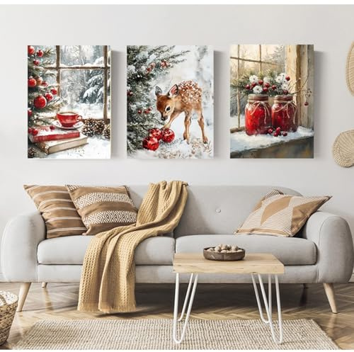 Xiyocadt 3-teiliges Poster Set,Weihnachtsdeko Leinwandbilder,Winter Bilder,Weihnachtsdekoration,Mehrteilige Wanddeko Wohnzimmer & Schlafzimmer,Ohne Rahmen (30x40cm)