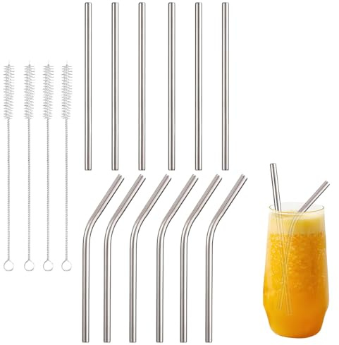 12 Pcs Reusable Stainless Steel Straws, 6 Bent and 6 Straight Straws with 4 Pcs 150mm Reusable Straw Cleaner Brush, Reusables Straw for Hot Drinks Smoothie Milkshake Beverage Cups