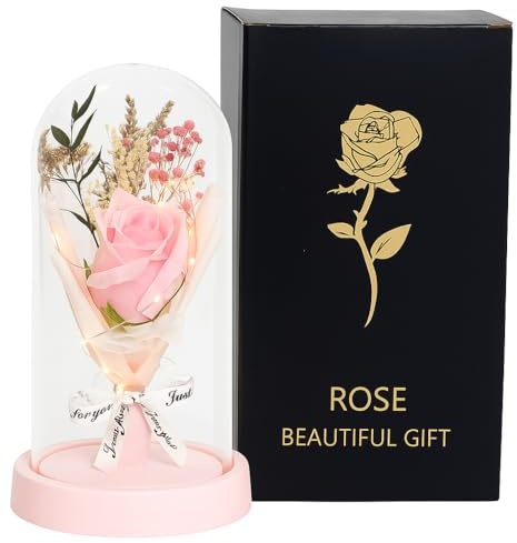 ENERGY GROUP ONLINE Rosa con Luci LED sotto Cupola – Decorazione Elegante per la Casa, Idea Regalo Romantica per Compleanni,Natale, Anniversari, San Valentino e Occasioni speciali