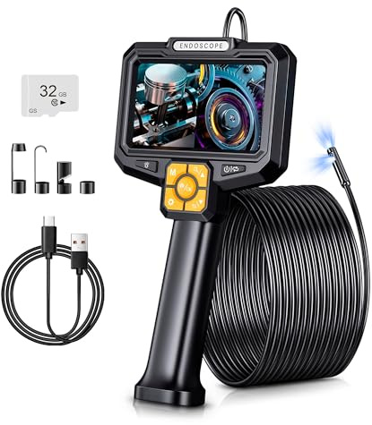 5-tums dubbelview handendoskopskamera, 2 MP fram- och sidolins, IP67 vattentät 5in halvstyv kabel, 360° sondstyrning, 4-stegs LED-belysning, 3x zoom, video och fotoinspelning