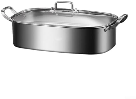 Olla de vapor de pescado de acero inoxidable con tapa de vidrio para cocinar pescado y sopas, diseñada para una distribución uniforme del calor y seguridad a altas temperaturas en múltiples cocinas