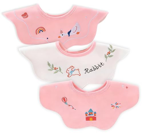 Satiskid 3 bavaglini con ricamo, foulard triangolare e foulard per neonati, morbido set di bavaglini in cotone contro sputi, design rosa