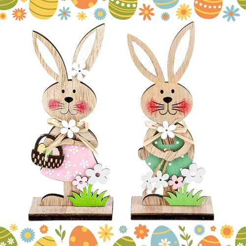 2 Pcs Easter Bunny Decorations, Stand up Wooden Bunnies Easter Table Decorations, Easter Rabbit Ornament Desktop Decoration for Spring Home Table, Office, Table Home Decor