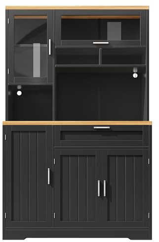 LANSEISTENJI Küchenbuffet mit Aufsatz – 70,9'' hoher Schrank mit LED-Beleuchtung, Glastüren, Schublade und verstellbaren Einlegeböden (Schwarz)